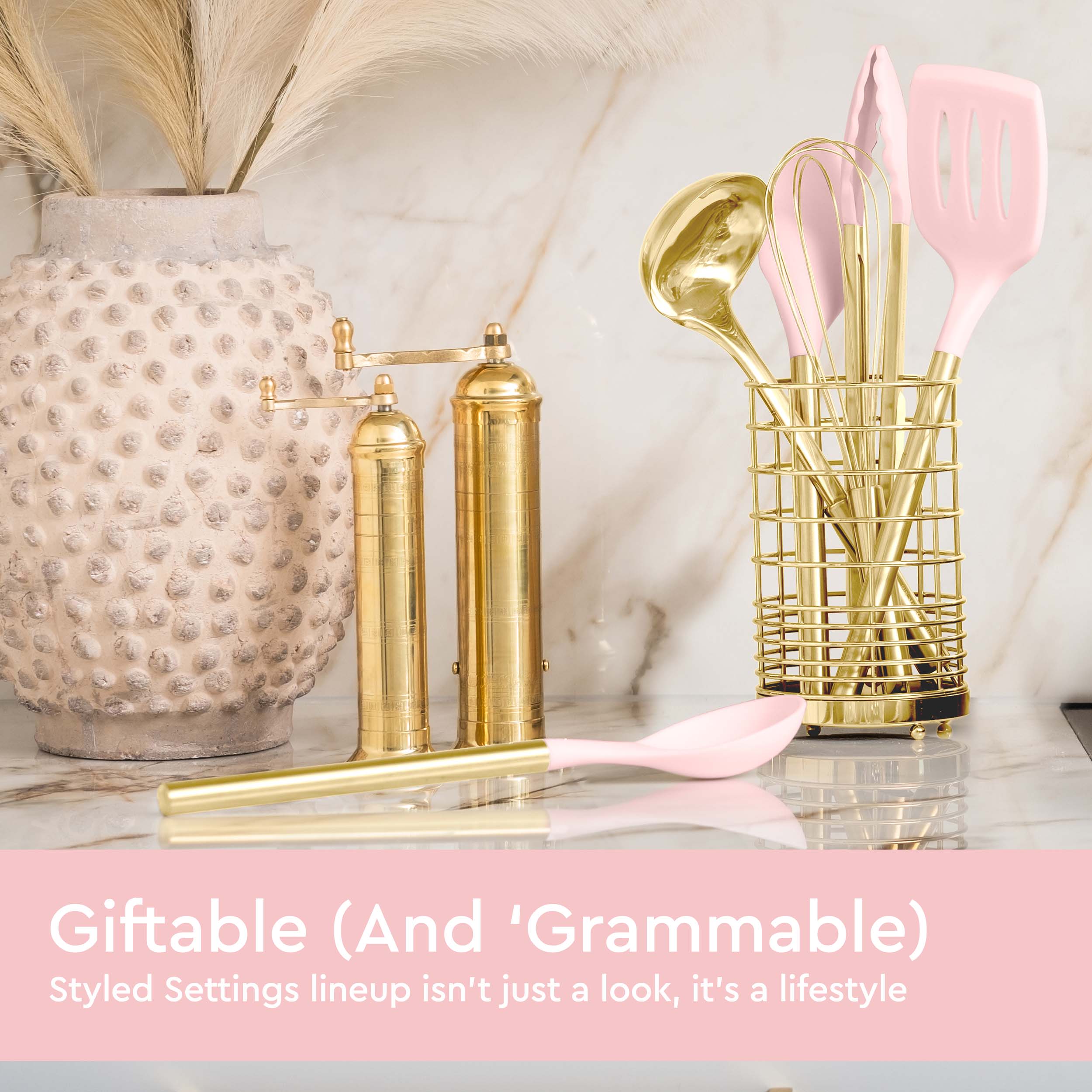 Pink and Gold Kitchen Utensils Set with Holder