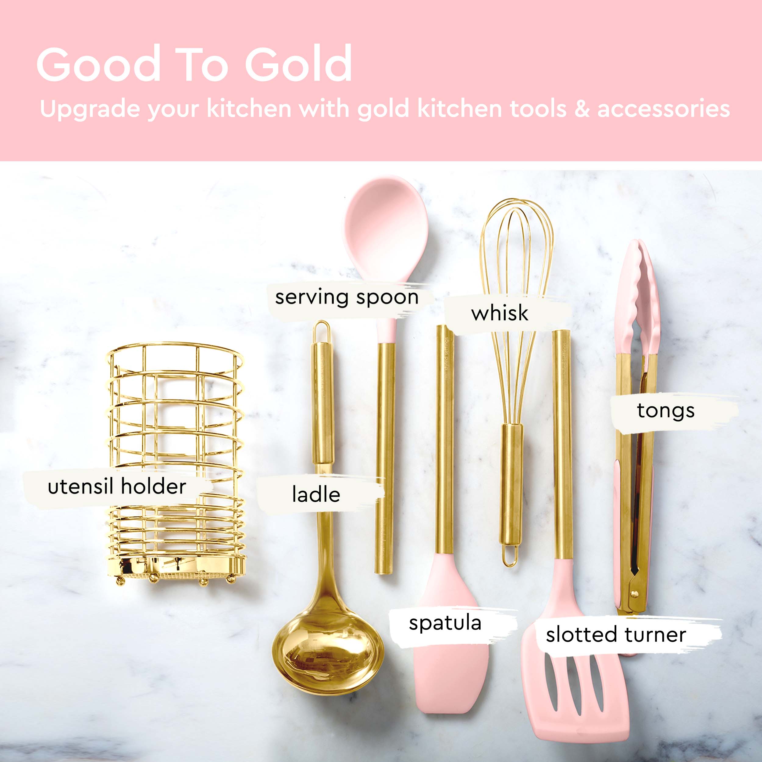 Pink and Gold Kitchen Utensils Set with Holder