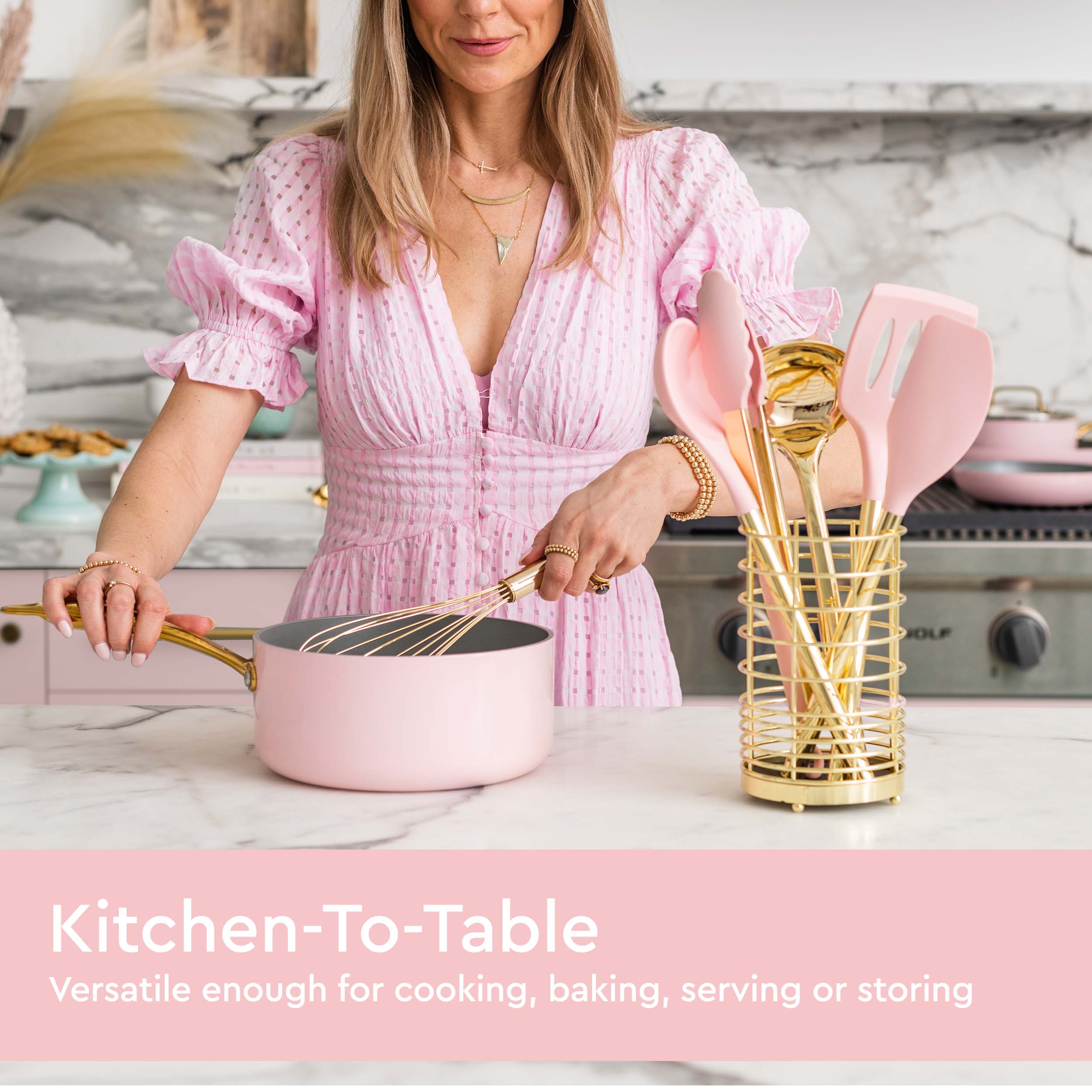 Pink and Gold Kitchen Utensils Set with Holder