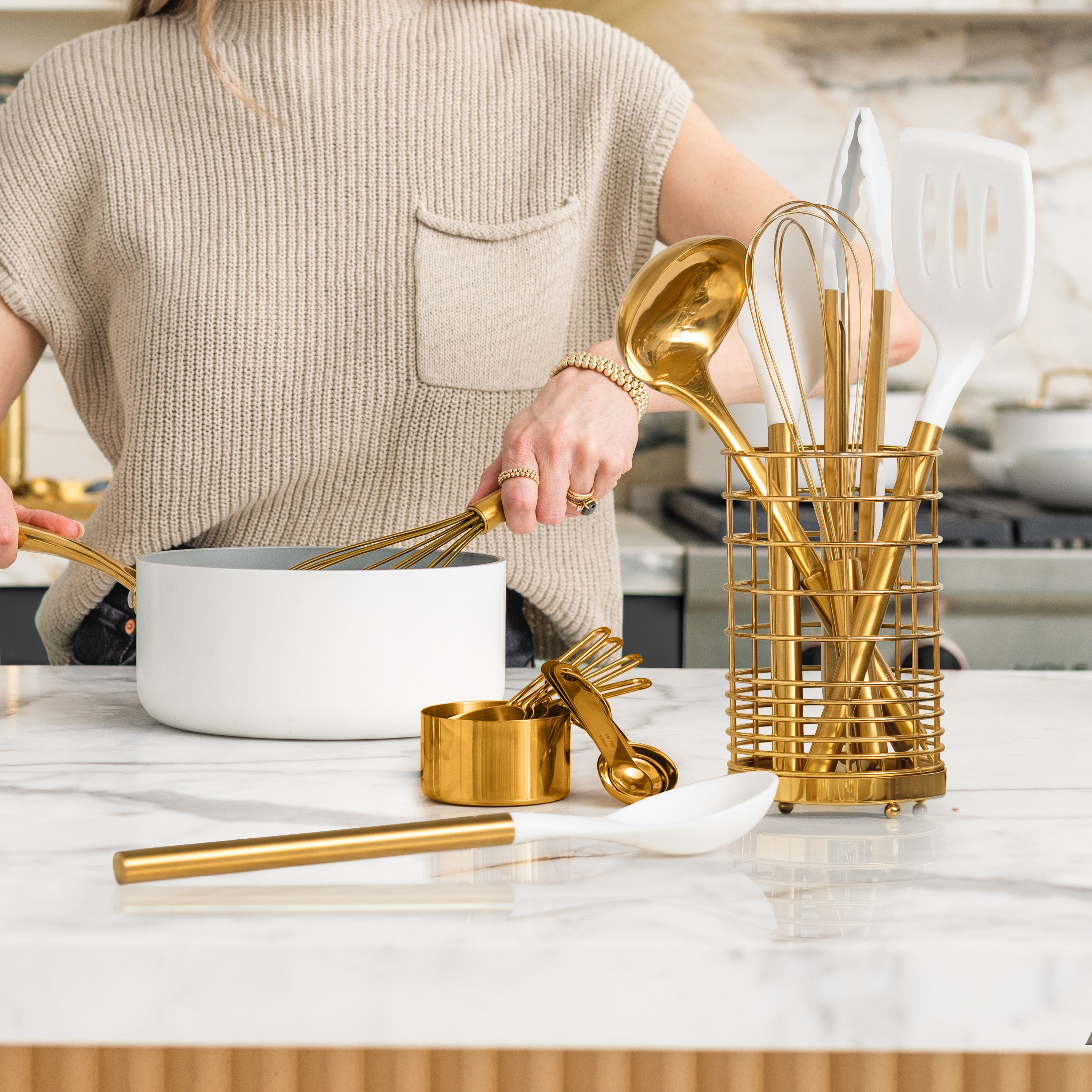 White and Vintage Gold Kitchen Utensils Duo - Styled Settings