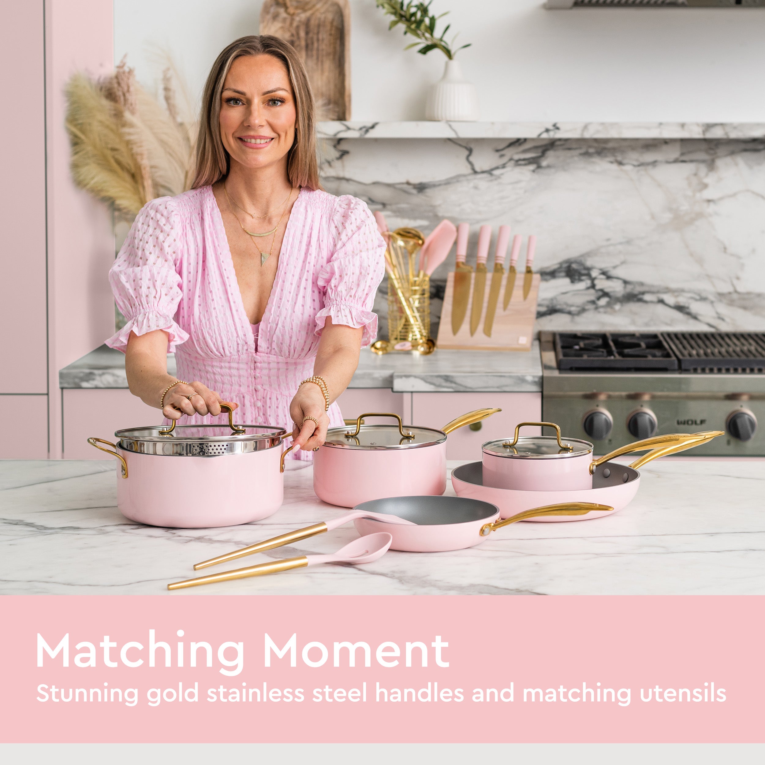 Pink and Gold Kitchen Utensils Set with Holder