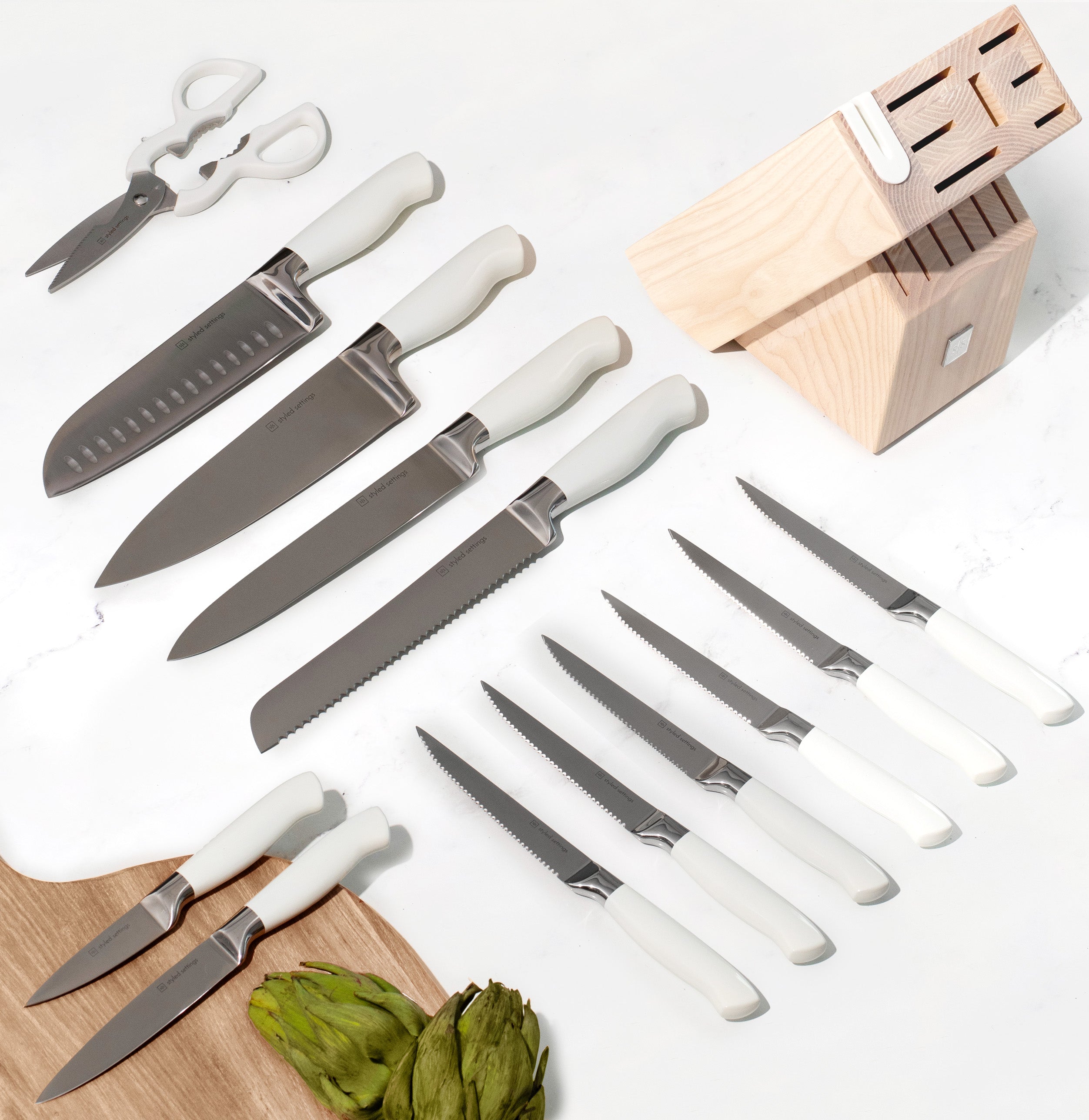 White and Silver Knife Set with Ashwood Self-Sharpening Block - Styled Settings