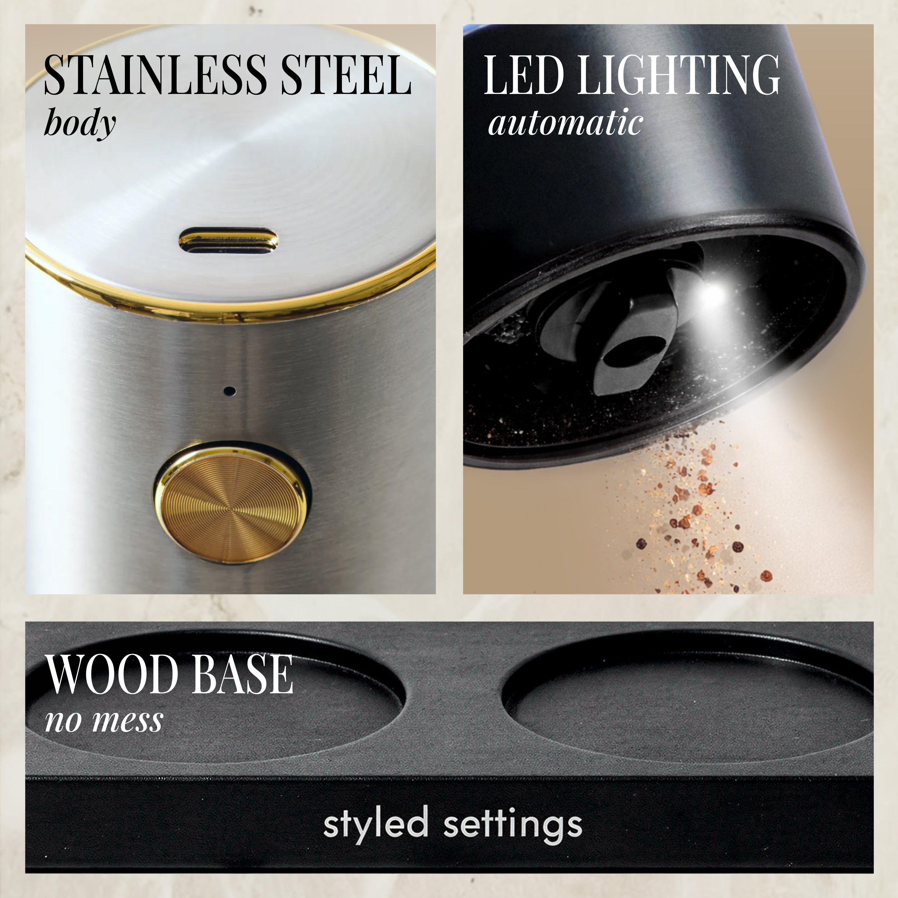 Black and Silver Rechargeable Electric Salt and Pepper Mill Set