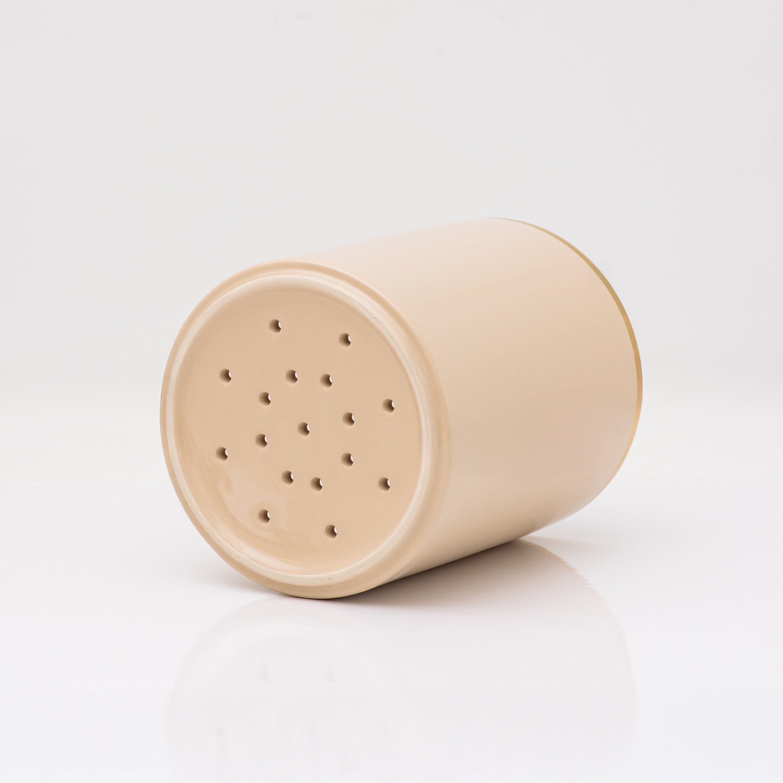 Beige and Gold Utensil Holder with Built-in Spoon Rest