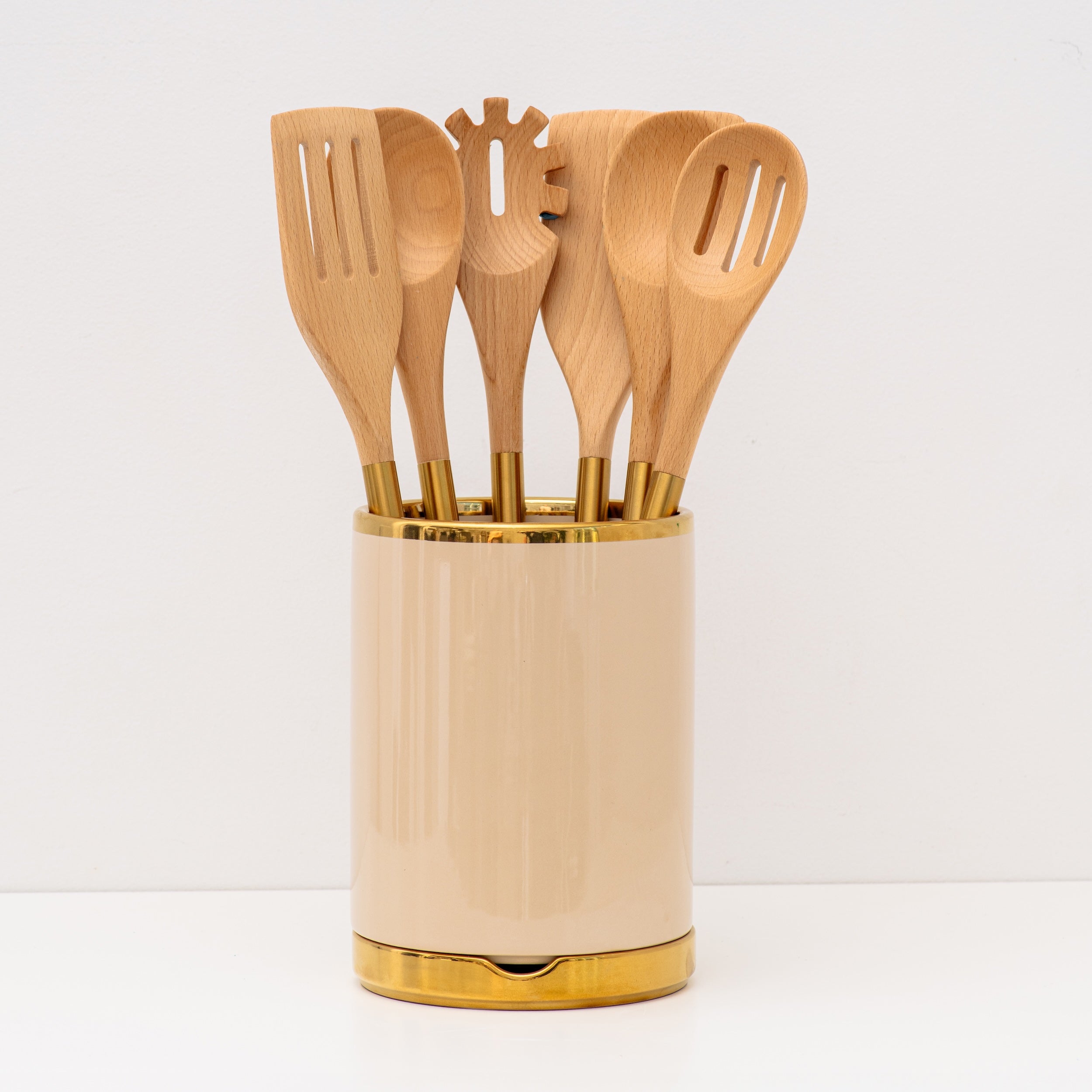 Beige and Gold Utensil Holder with Built-in Spoon Rest