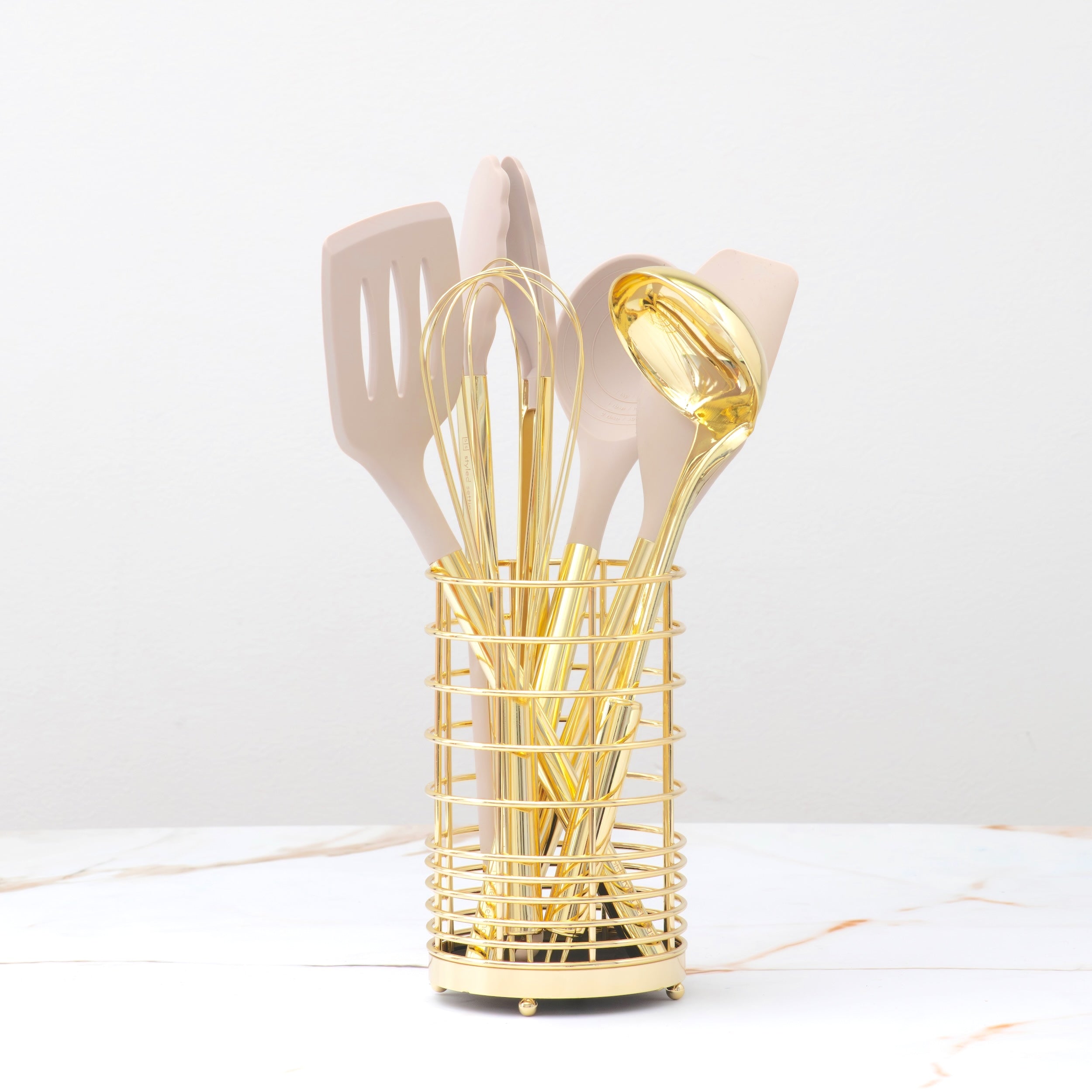 Beige and Light Gold Kitchen Utensils Set with Holder
