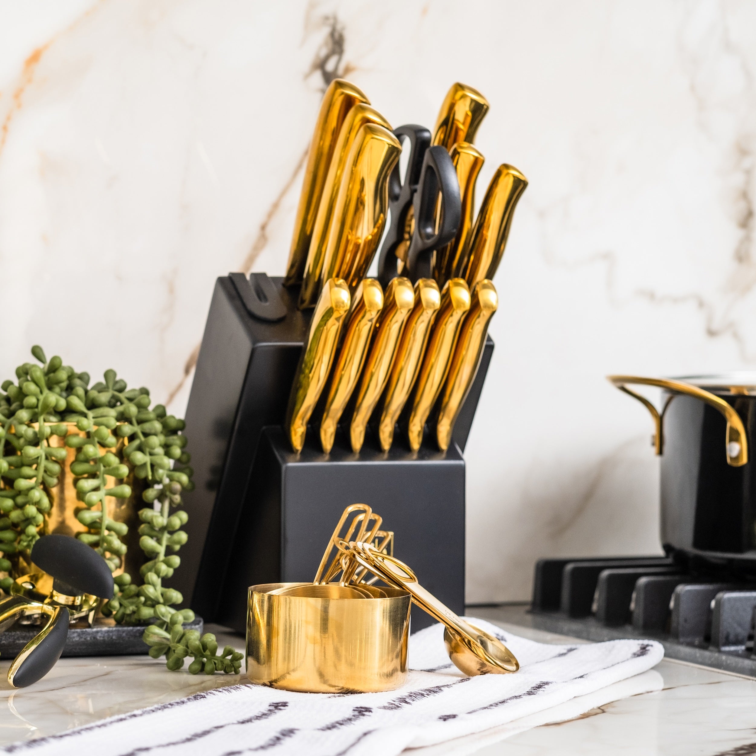 Patterned Gold Knife Set with Black Self-Sharpening Block