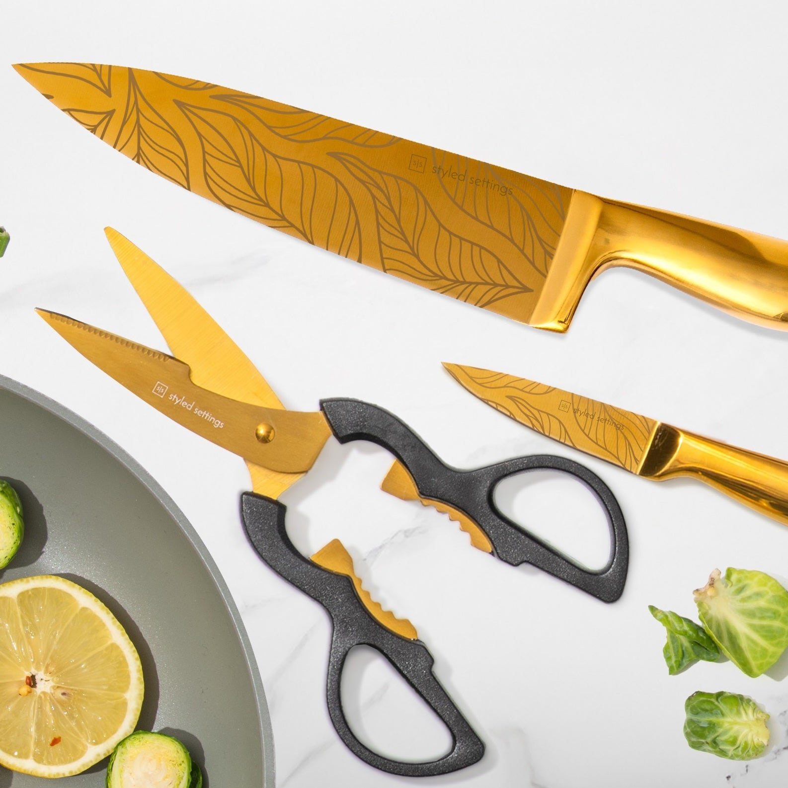 Patterned Gold Knife Set with Black Self-Sharpening Block